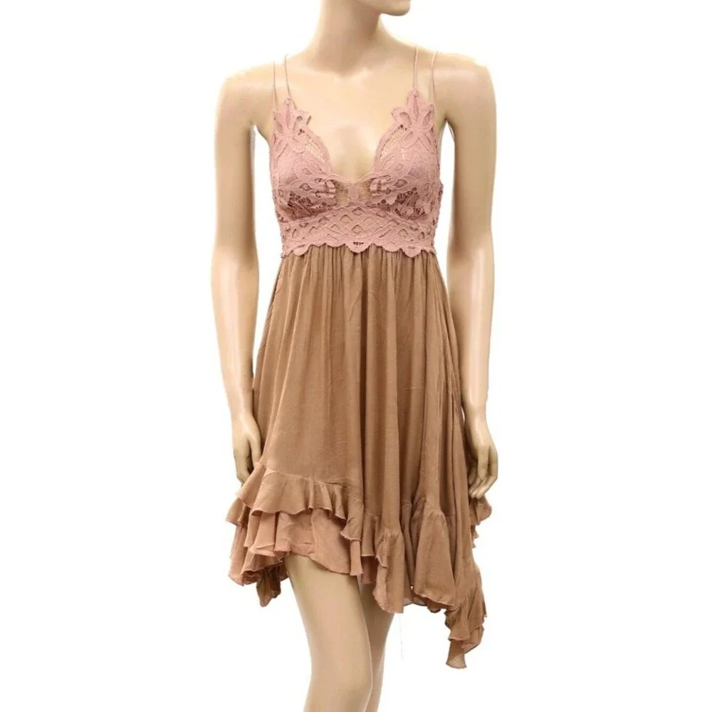 Free People FP One Adella Slip Mini Dress Crochet Lace Smocked Ruffle XXS 290357